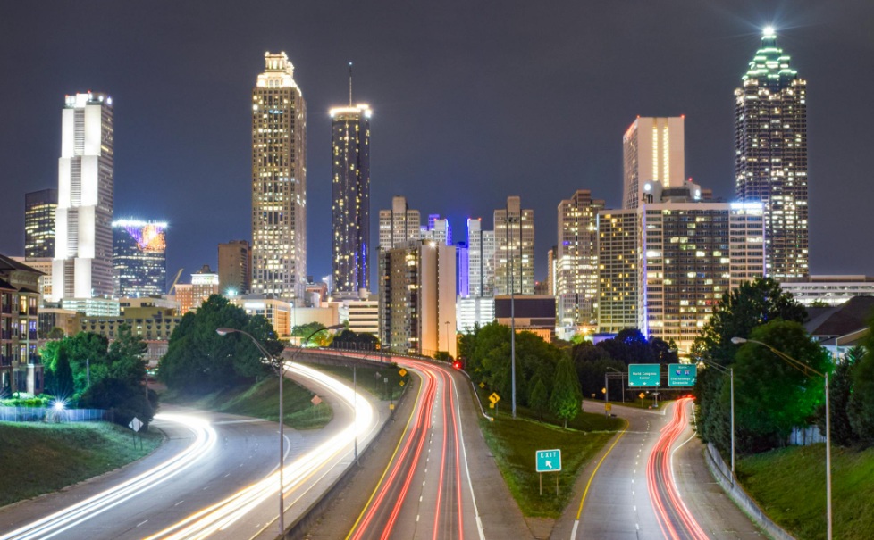 Aerial photo of Downtown Atlanta skyline at sunset